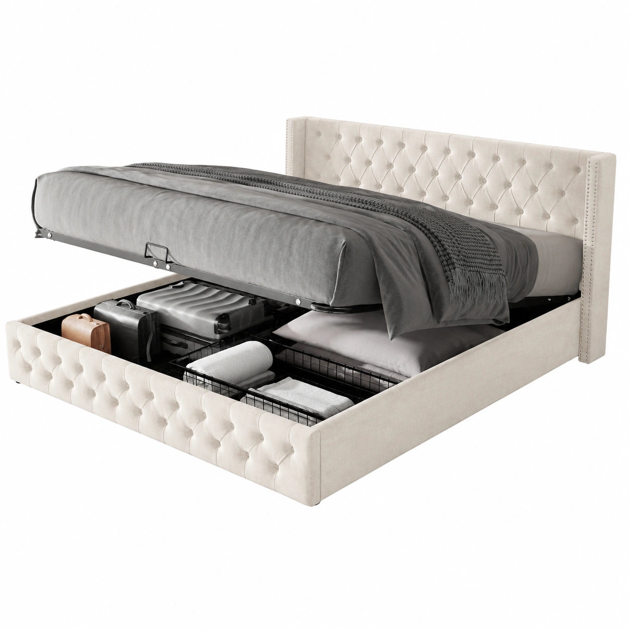 Chesterfield Polsterbett 160x200 mit hohem Kopfteil & Stauraum, Samtstoff, Bettrahmen ohne Matratze, Doppeltbett, Weiß