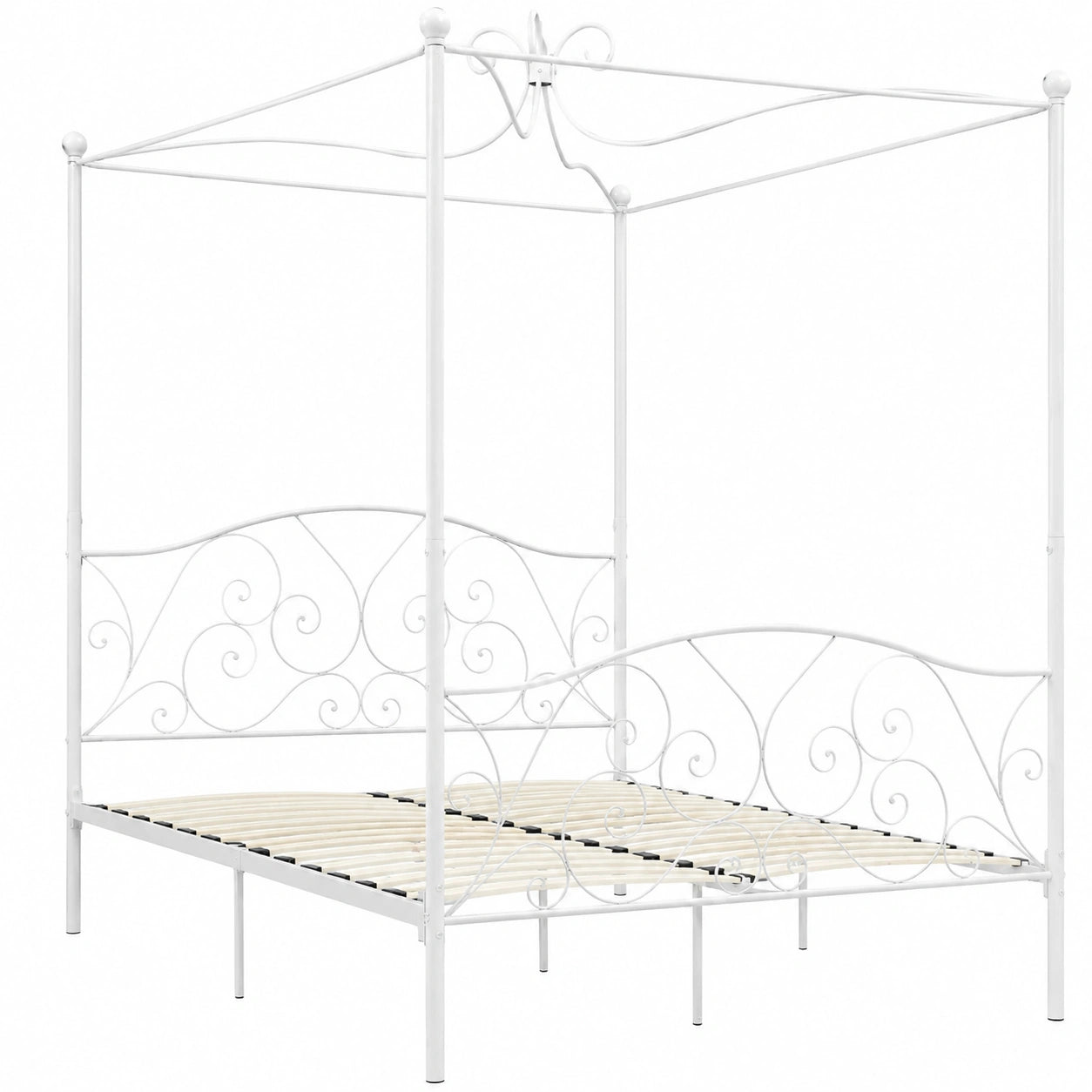 Metall-Himmelbett mit Lattenrost, Doppelbett, 140x200 cm, Weiß