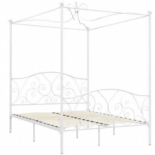 Metall-Himmelbett mit Lattenrost, Doppelbett, 140x200 cm, Weiß