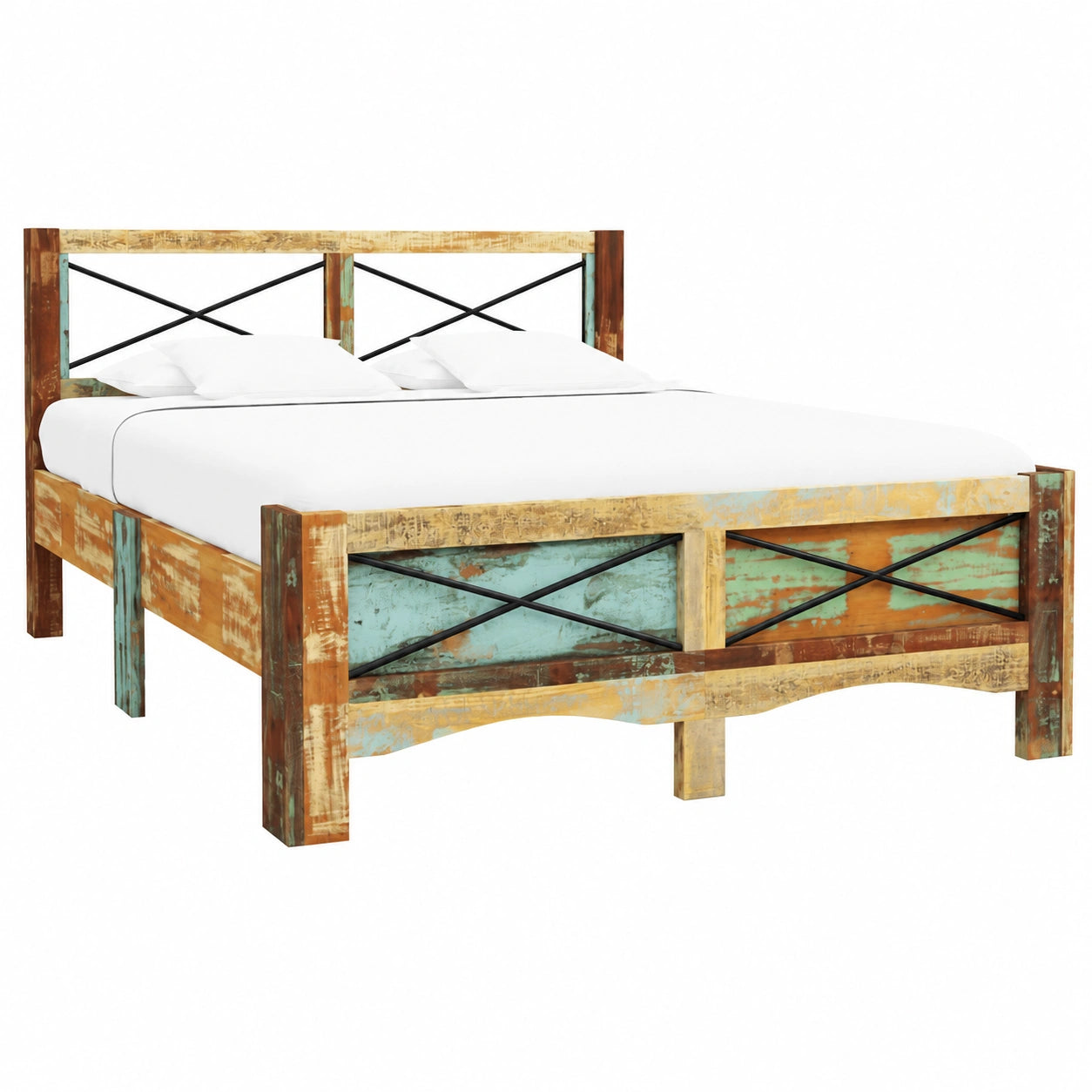 Rustikales Doppelbett aus Recyceltem Holz, 140x200 cm