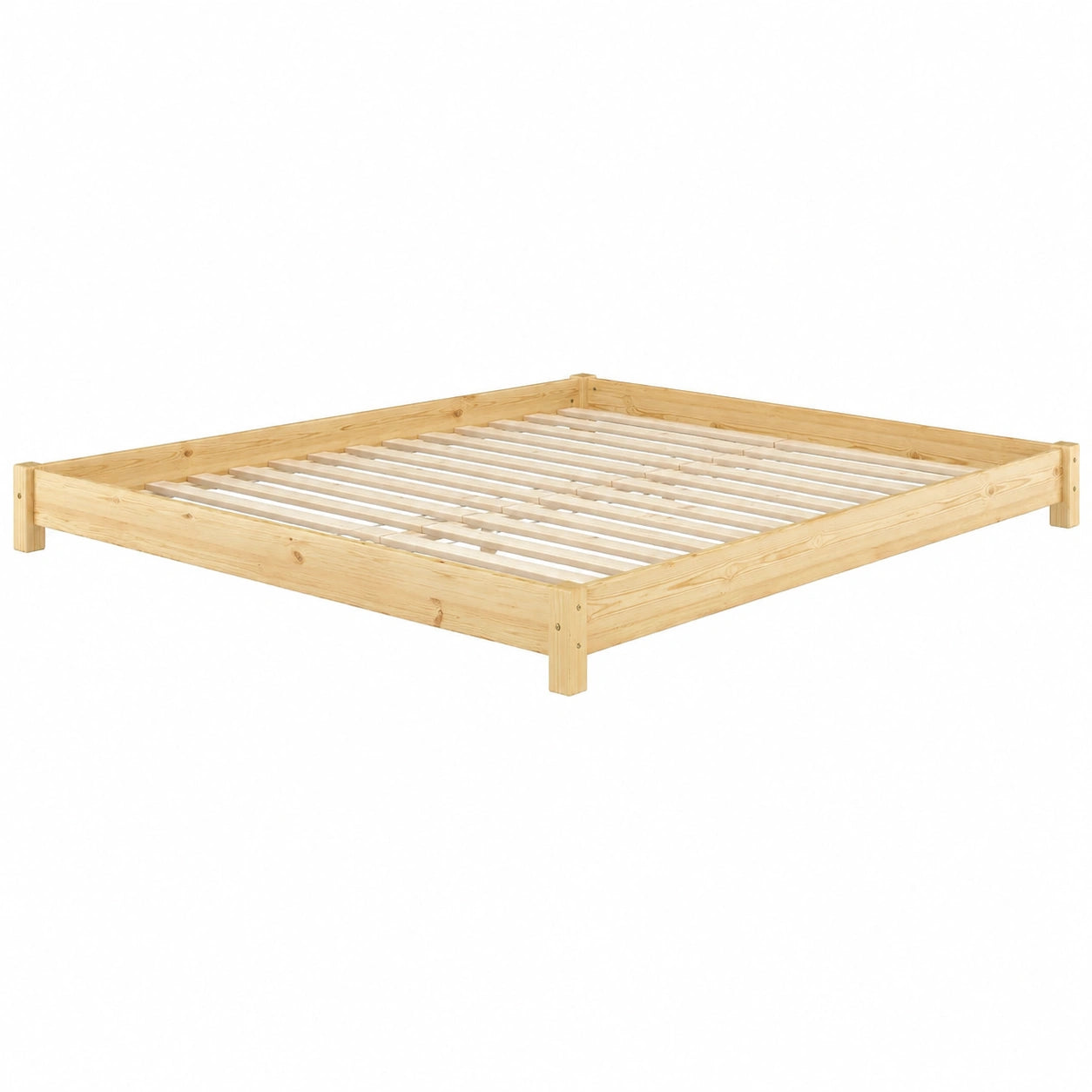 Massives Kiefernholzbett 200x200 cm mit Rollrost, niedriges Design