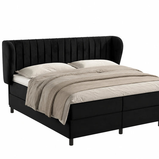 Höhenverstellbares Samtbett-Kopfteil Schwarz mit Holzbeinen, 147x23x78/88 cm für Einzel- und Doppelbetten