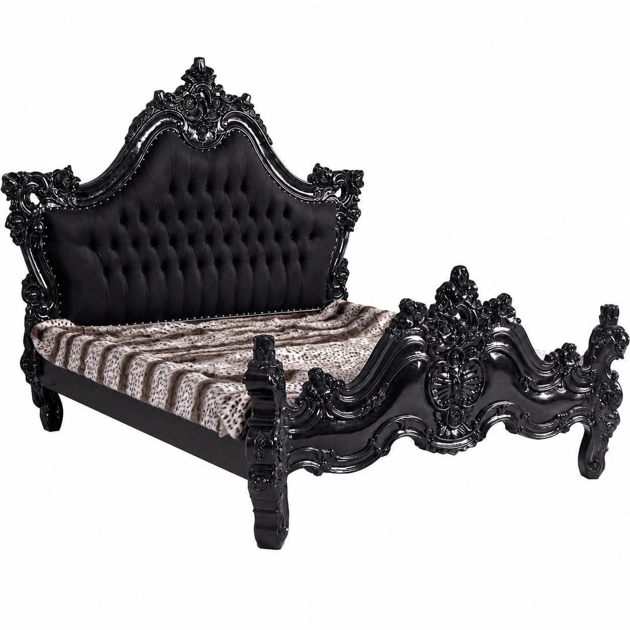 Barock King's Bett aus Mahagoni mit Samt Kopfteil, 160x200 cm, zerlegbar