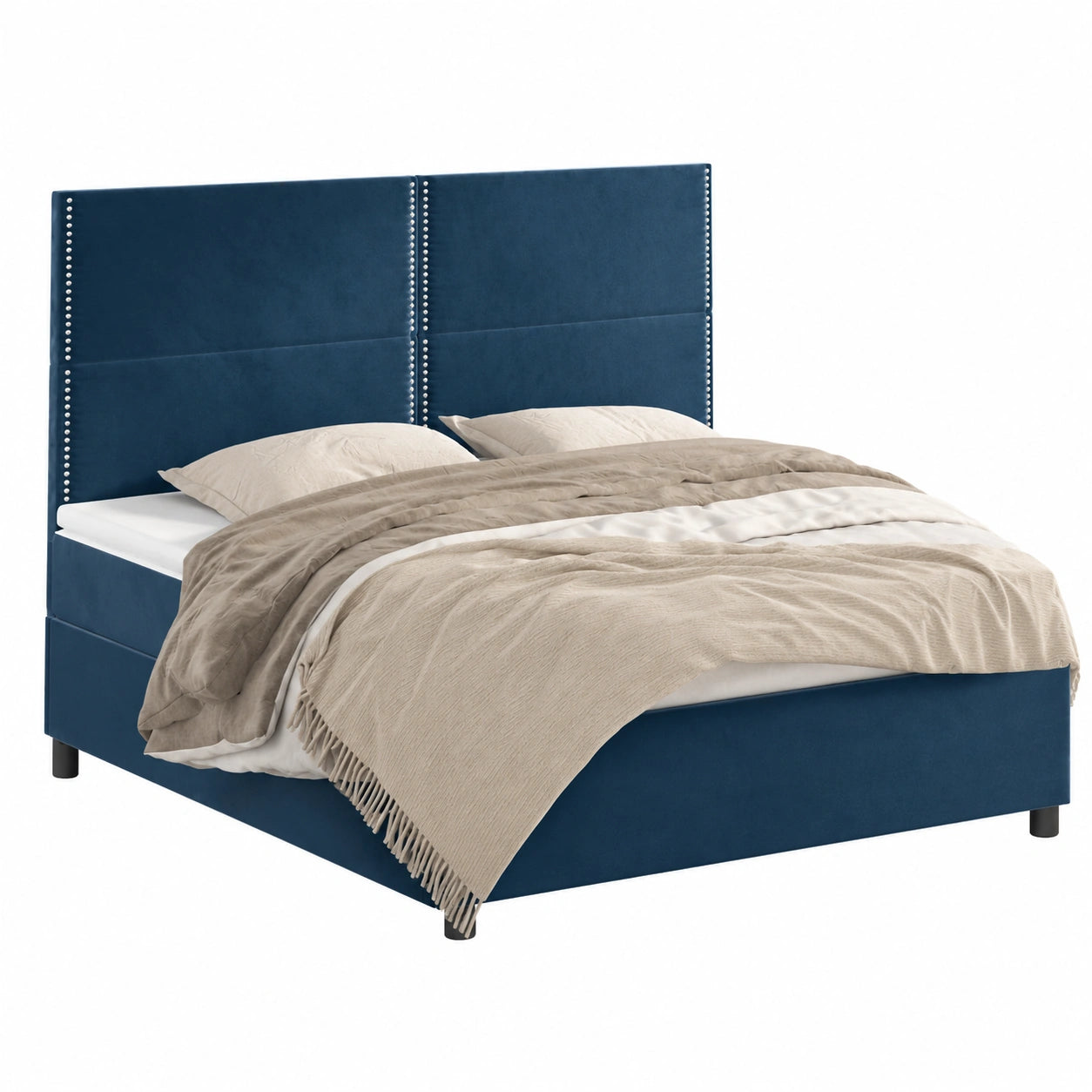 Höhenverstellbares Samt-Kopfteil in Dunkelblau, 160 cm, für Queen-Size-Bett, mit Holzbeinen