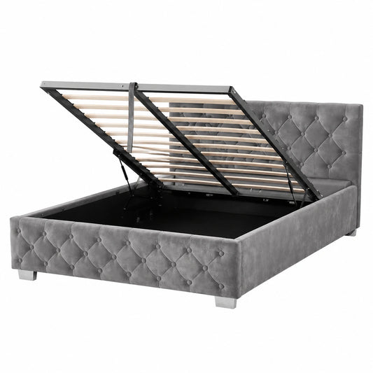 Juskys modernes Polsterbett 140x200 cm, grauer Samt mit LED, Stauraum & Lattenrost