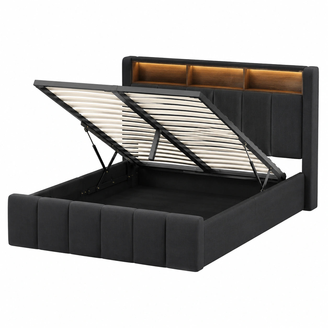 Modernes Stauraumbett 140x200 mit LED, USB-Ladestation und Polsterkopfteil in Dunkelgrau
