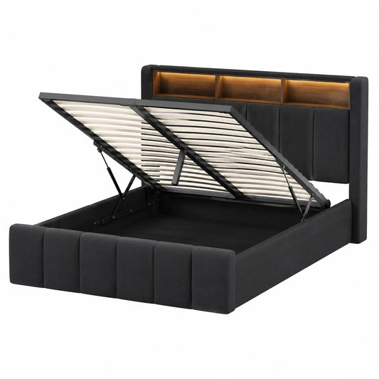 Modernes Stauraumbett 140x200 mit LED, USB-Ladestation und Polsterkopfteil in Dunkelgrau