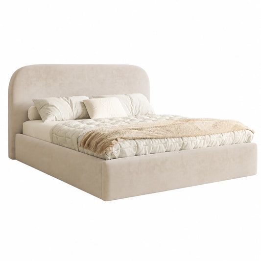 Stauraumbett 140x200 Beige Samt mit Lattenrost und Kopfteil, Polsterbett ohne Matratze