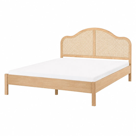 Boho-Stil Bett 180x200 cm in Hellbrauner Holzoptik mit Wiener Geflecht Kopfteil und Lattenrost